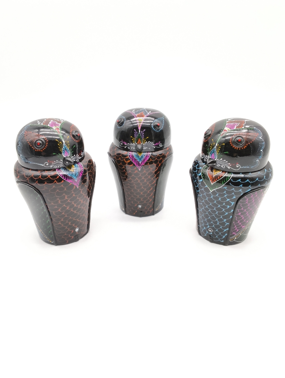 Vintage Hand-Painted Burmese Lacquerware Owl Trinket Boxes
